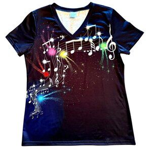 Music Note Graphic Top Size M Black Short Sleeve Performance Tee V Neck